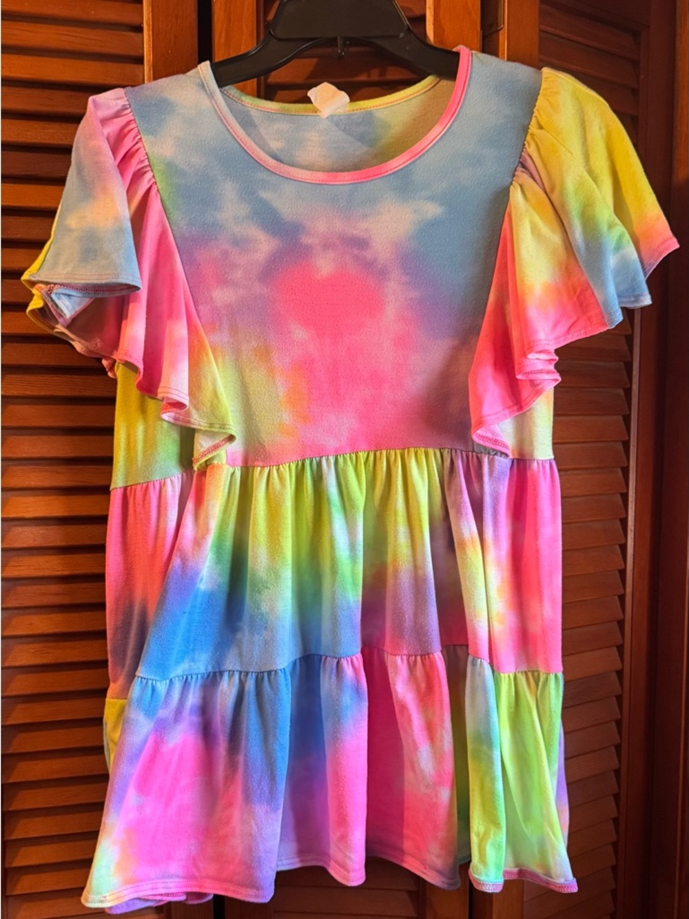 Tie-Dye Ruffle Sleeve Babydoll Top in Pink, Blue, Yellow, Green Women’s Size L
